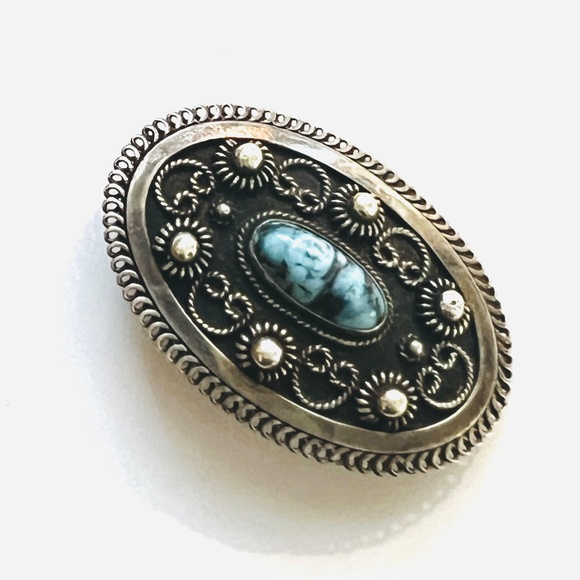 Midcentury 1940's Silver Filagree Brooch - Set with Blue stone - Picture 2 of 14